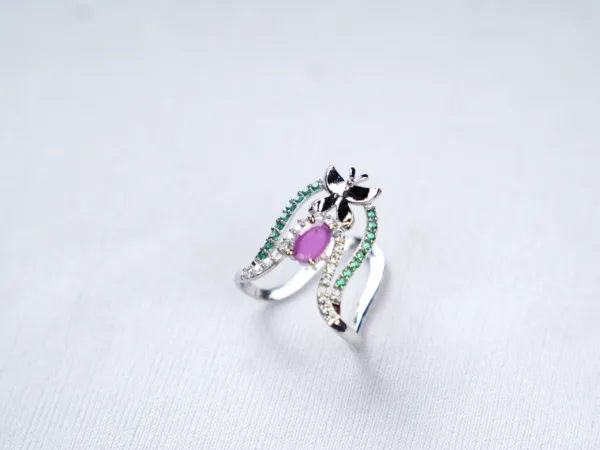 Floral Elegance Sterling Silver Ring with Ruby & Emerald Accents