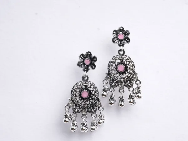 Pink drop earrings, Oxidised Jhumkas