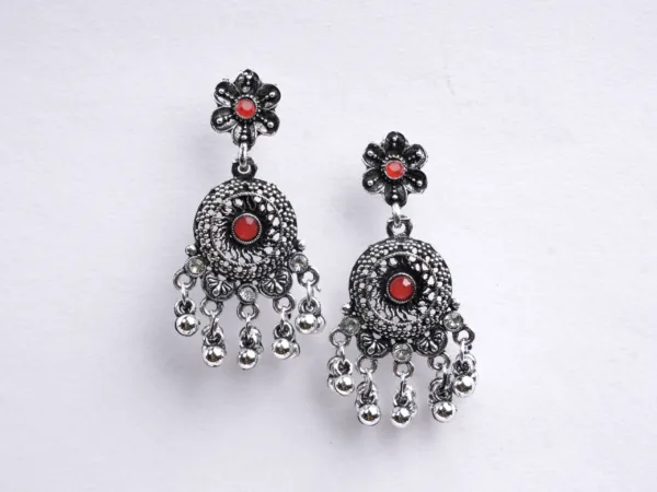 Red drop earrings, Oxidised Jhumkas